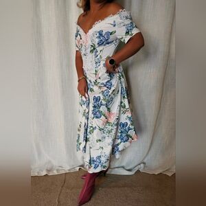 Vintage 80s Cotton Floral Print Tie Back Half Sleeve Dress Small